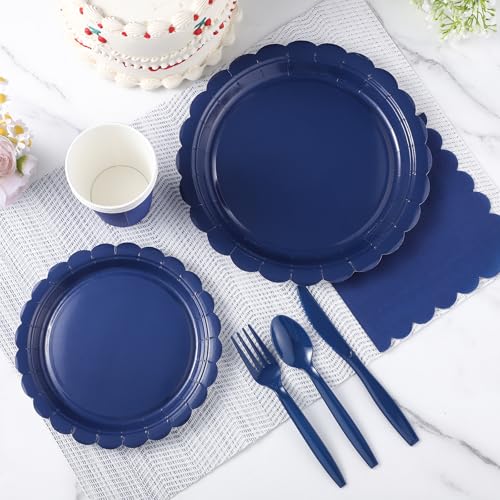 Xiangqu 175 Pcs Navy Blue Plates and Napkins, 25 Guest Navy Blue Graduation Party Supplies Includes Scalloped Plates Napkins Cups Plastic Cutlery for 2026 Graduation, Birthday, Wedding, Picnic - Image 4