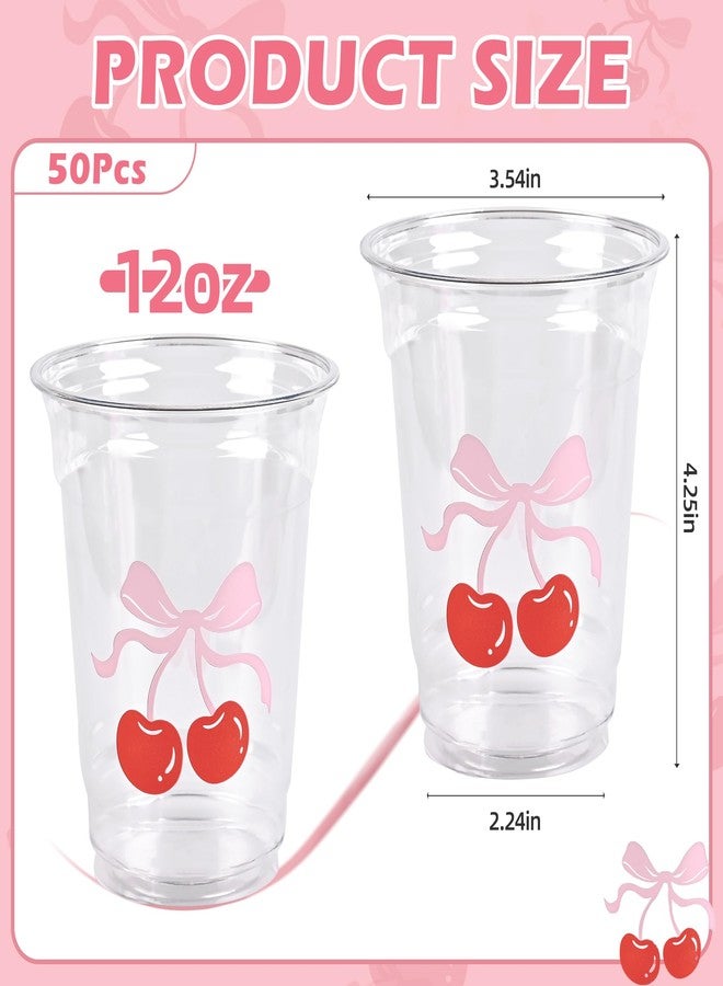 Elyxio 50Pcs Pink Bow Cherry Party Cups Coquette Bowknot Plastic Cups 12oz Bachelorette Wedding Bridal Shower Disposable Drinking Cup for Birthday Bow Theme Party Supplies - Image 3