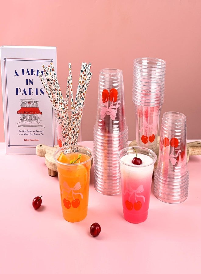 Elyxio 50Pcs Pink Bow Cherry Party Cups Coquette Bowknot Plastic Cups 12oz Bachelorette Wedding Bridal Shower Disposable Drinking Cup for Birthday Bow Theme Party Supplies - Image 2