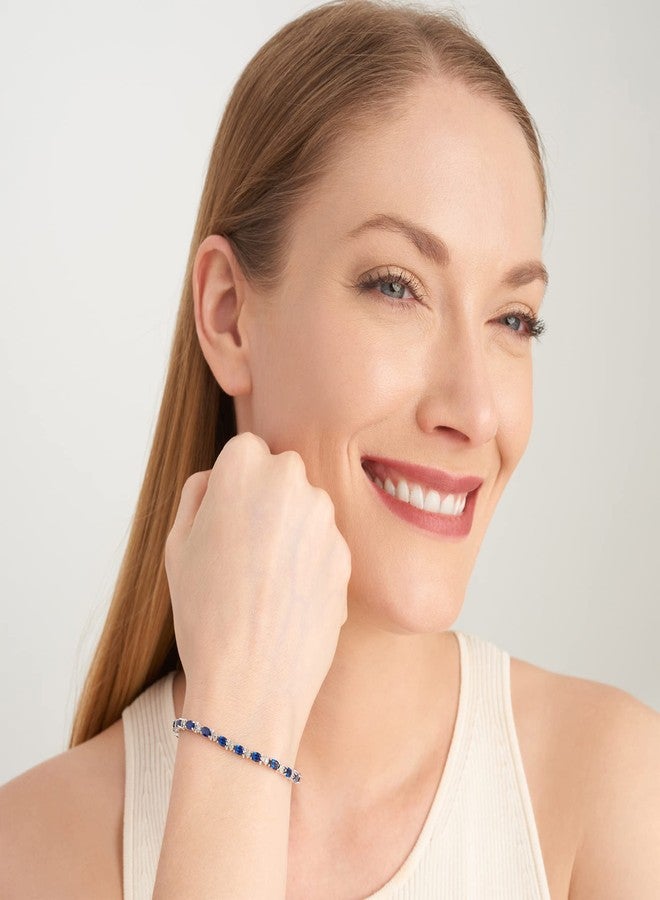 مورجان آند بايدج أساور تنس من مورغان آند بيج، مصنوعة من الفضة الإسترليني عيار 925 ومطلية بالروديوم، مرصعة بحجر الياقوت الأزرق الصناعي، بتصميم متناوب بين الماس وحجر الياقوت البيضاوي، وهي أساور عصرية للنساء بحجر بخت شهر سبتمبر، بطول 7.25 بوصة. - Image 4