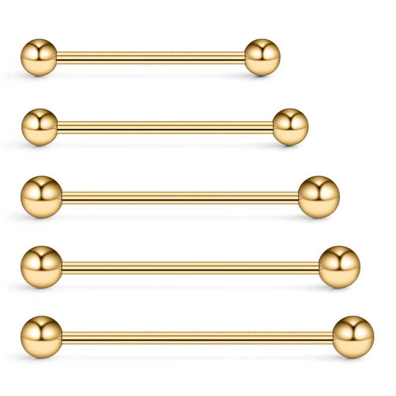 Ruifan 5PCS 14 Gauge Mix Sizes Industrial Barbell Cartilage Earring Body Piercing Jewelry 28mm 32mm 35mm 38mm 40mm - Gold
