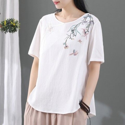 Vintage Embroidered Mom Style Cotton Linen T-Shirt for Women 2024 Ethnic Style New Loose Versatile Mid-Sleeve Top J#111 yellow - Image 5
