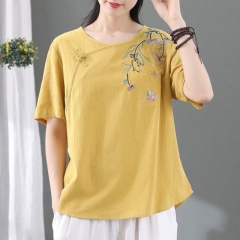 Vintage Embroidered Mom Style Cotton Linen T-Shirt for Women 2024 Ethnic Style New Loose Versatile Mid-Sleeve Top J#111 yellow - Image 1
