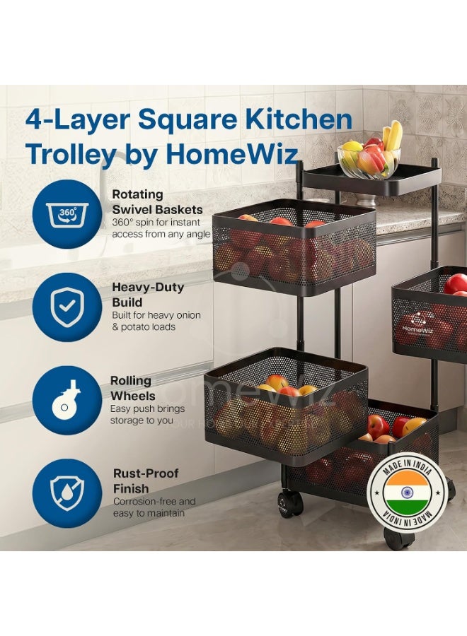 HomeWiz رف مطبخ مربع من HomeWiz مكون من 4 طبقات | عربة متينة من الفولاذ تدوم مدى الحياة | وحدة تخزين للمطبخ | رف للبصل والبطاطس | رف تخزين متعدد الاستخدامات للفواكه والخضروات | مقاوم للصدأ تماماً - Image 3