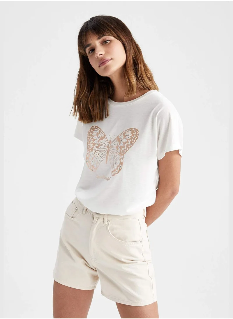 DeFacto Bat Sleeves Butterfly Print T-Shirt