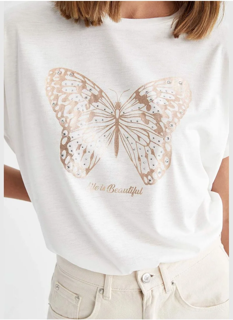 DeFacto Bat Sleeves Butterfly Print T-Shirt