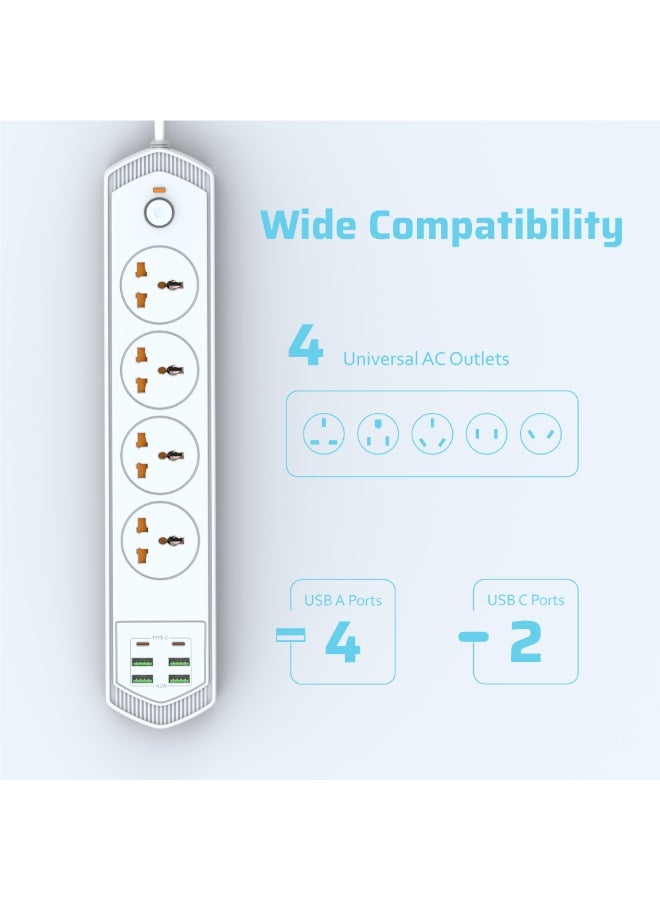 CREATMOR Extension Cord Surge Protector 3M 4 AC Outlets/2 Type C Ports/4 USB Ports Power Strip Power extension 4.2A 240V/10A Surge Protection - Image 2