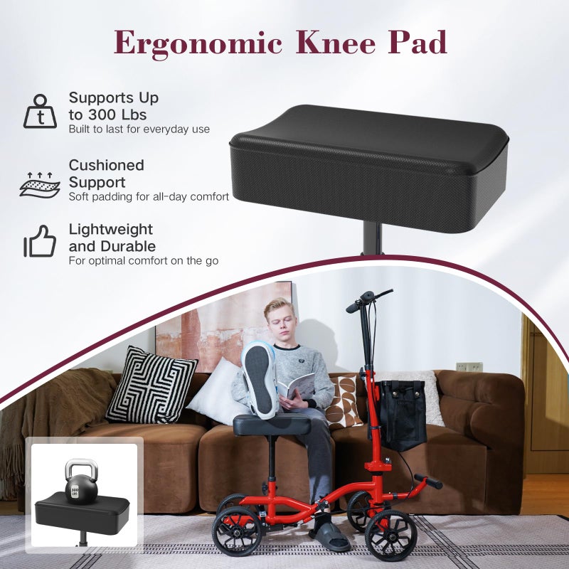 Fvzzin Lightweight Knee Scooter Crutch Alternative, Foldable & Adjustable Knee Scooter for Adults for Foot Surgery, Steerable Knee Walker with Detachable Storage Basket, Includes DIY Stickers-Hot Red - Image 2