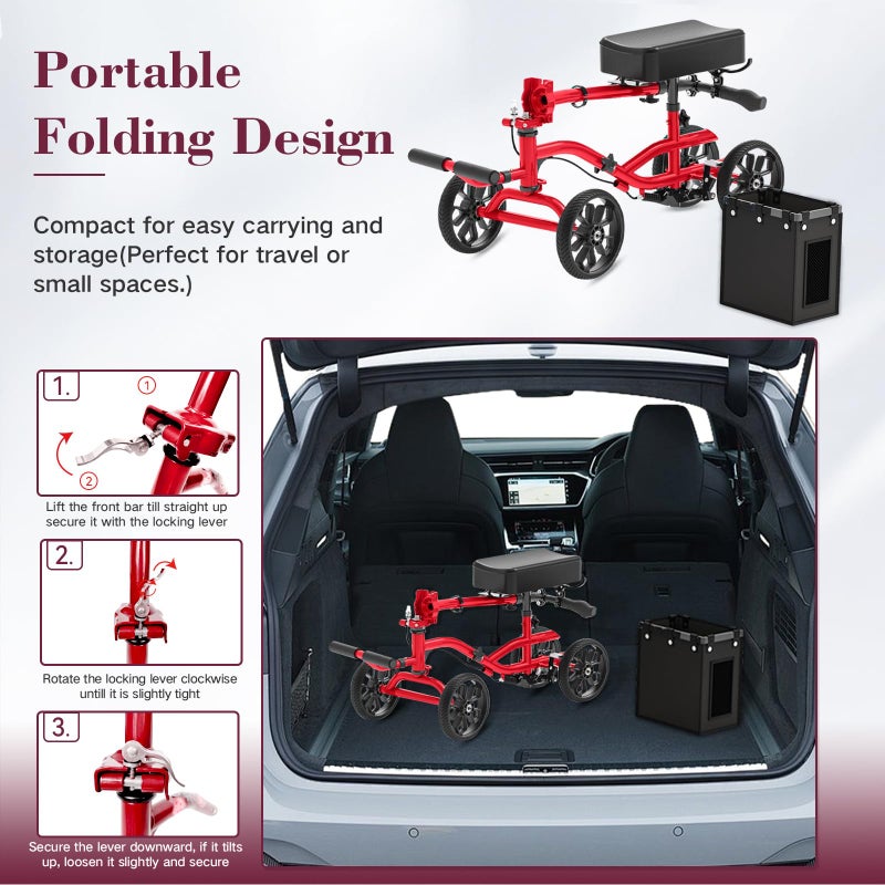 Fvzzin Lightweight Knee Scooter Crutch Alternative, Foldable & Adjustable Knee Scooter for Adults for Foot Surgery, Steerable Knee Walker with Detachable Storage Basket, Includes DIY Stickers-Hot Red - Image 5