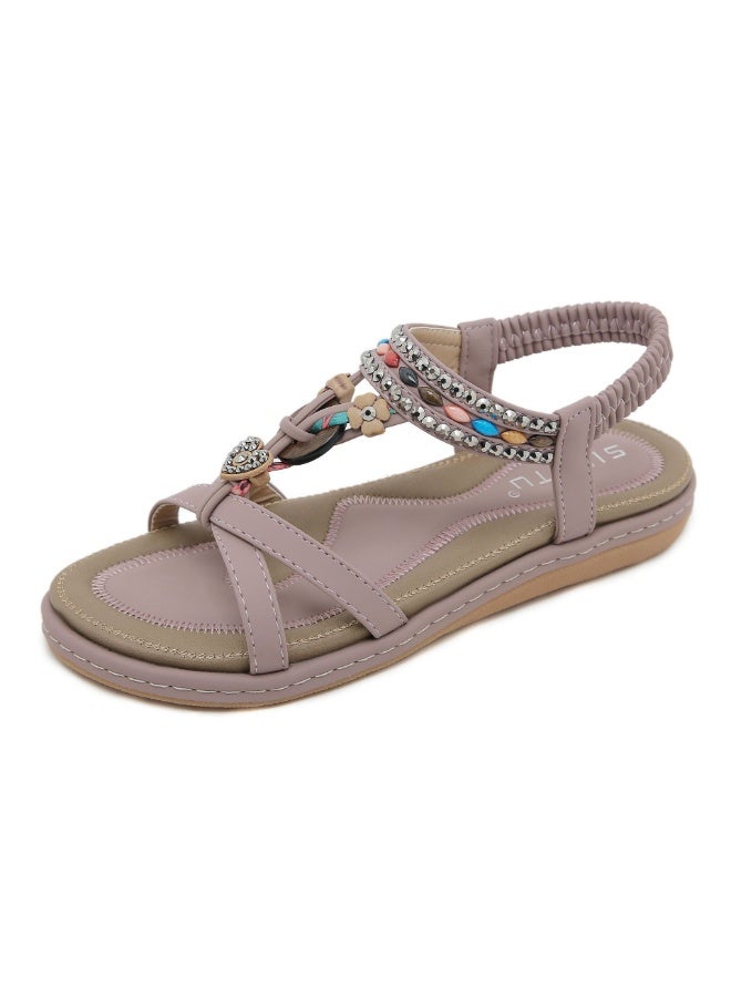 NIBEMINENT Summer Rhinestone Casual Beach Flat Sandals  Ethnic Style Bohemian Retro Beaded  Elastic  Band  Sandals - Image 1