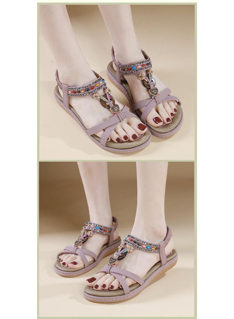 NIBEMINENT Summer Rhinestone Casual Beach Flat Sandals  Ethnic Style Bohemian Retro Beaded  Elastic  Band  Sandals - Image 2