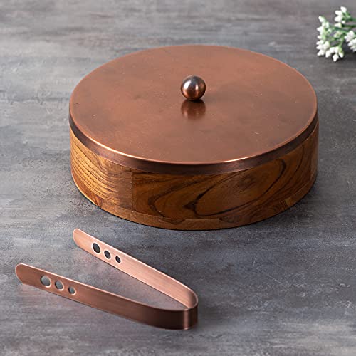 Nestroots Wooden Casserole for Roti | 9-Inch Hot Box for Kitchen | Chapati Box with Stainless Steel Tong | Copper Finish Hot Pot Roti Box for Fresh & Warm Rotis | Durable & Stylish Kitchen Storage - Image 1