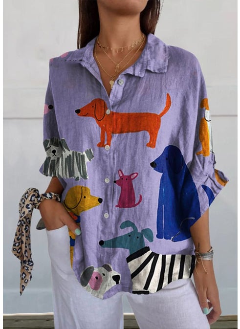 New 2024 Womens Shirt Summer Trendy Seven-Sleeve Animal Pattern Print 3D Linen Button-Up Casual Fashionable Ladies Top YO598-MC