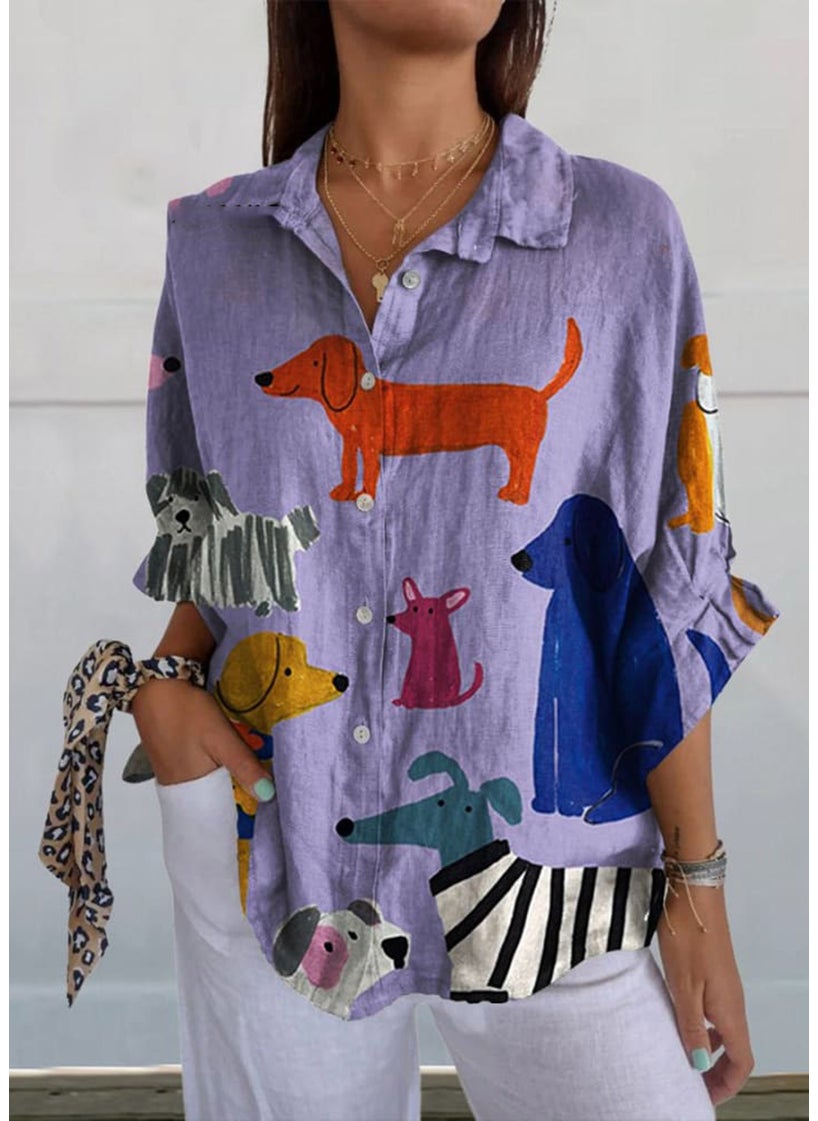 Generic - New 2024 Womens Shirt Summer Trendy Seven-Sleeve Animal Pattern Print 3D Linen Button-Up Casual Fashionable Ladies Top YO598-MC - Image 1