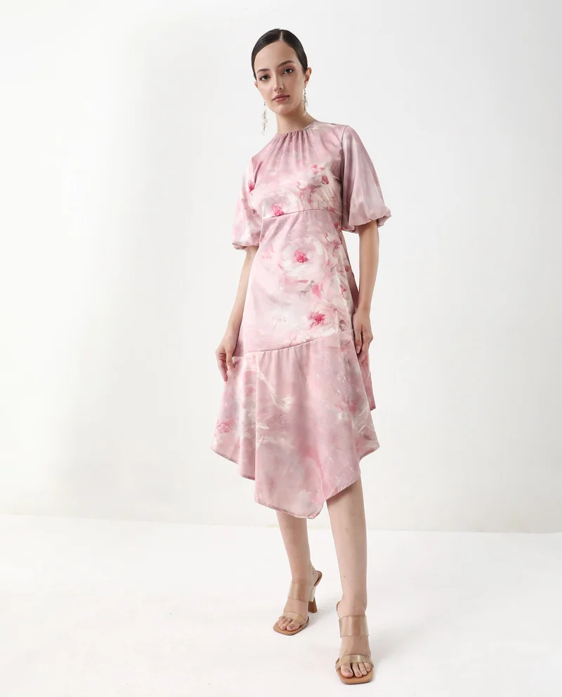 Rareism Rareism Women's Limoges Dusky Pink Satin Fabric Round Neck Zipper Closure Balloon Sleeve Floral Print Fit And Flare Midi Dress
