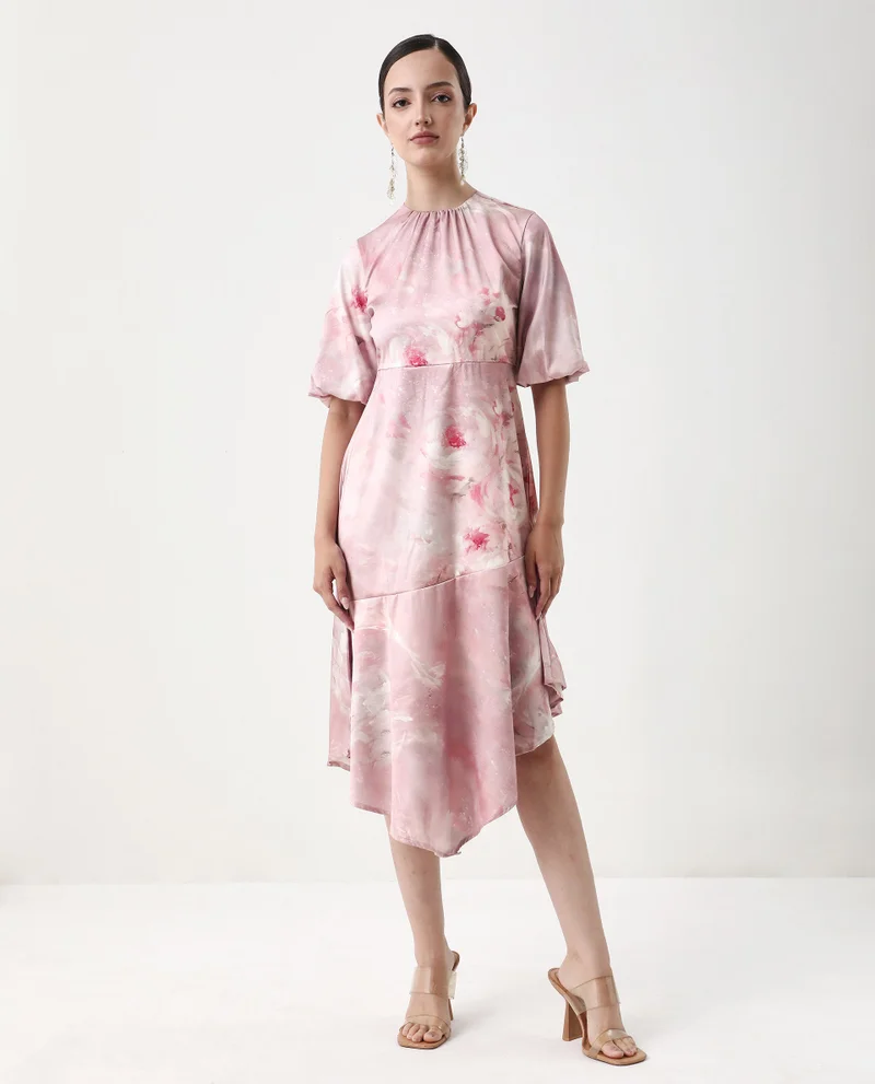 Rareism Rareism Women's Limoges Dusky Pink Satin Fabric Round Neck Zipper Closure Balloon Sleeve Floral Print Fit And Flare Midi Dress