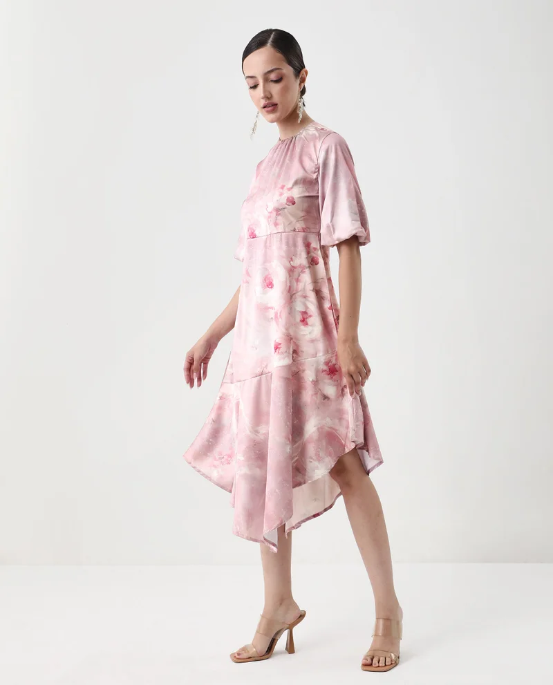 Rareism Women's Floral Print Midi Dress With Asymmetrical Hem