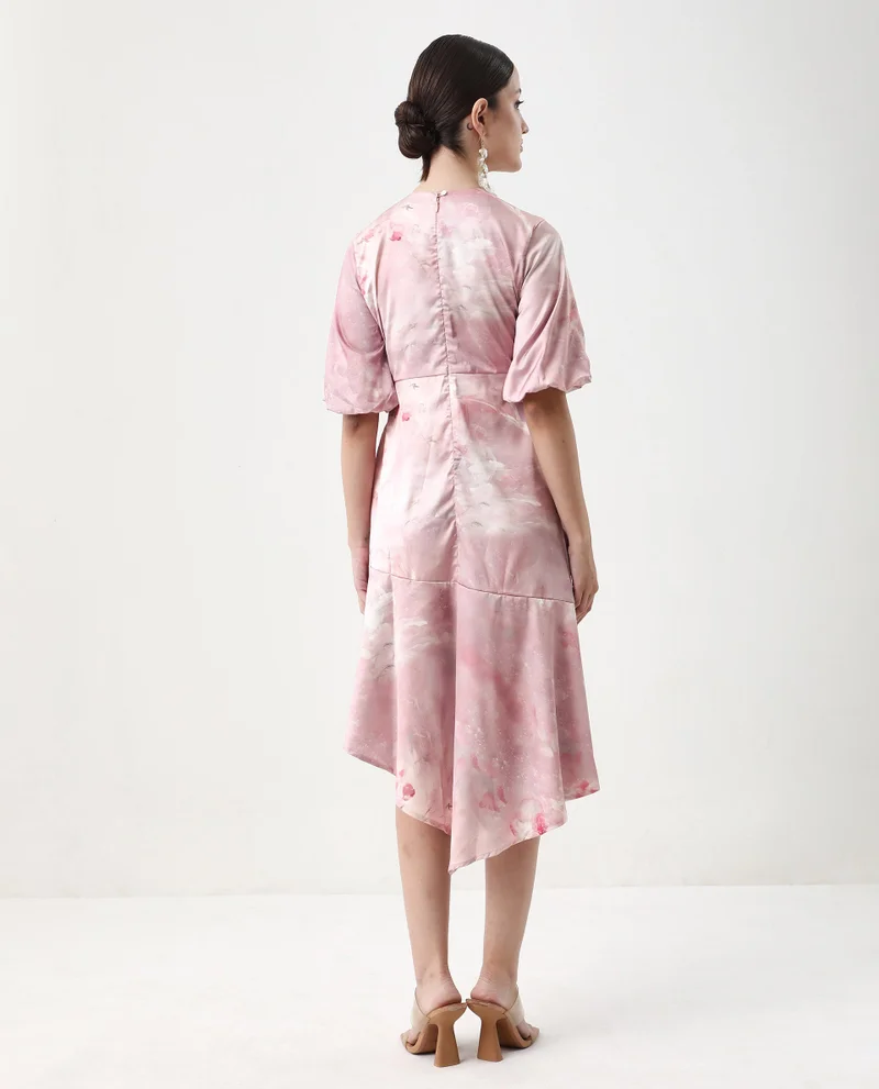 Rareism Women's Floral Print Midi Dress With Asymmetrical Hem