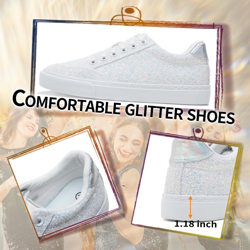 Jeekopeg Glitter Sparkly Fashion Sneakers Shiny Casual Shoes Bling Sequin Concert Low Cut Lace up Shoes(White Glitter,8 Women/6.5 Men) - Image 5