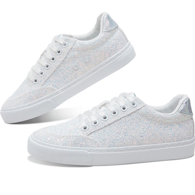 Jeekopeg Glitter Sparkly Fashion Sneakers Shiny Casual Shoes Bling Sequin Concert Low Cut Lace up Shoes(White Glitter,8 Women/6.5 Men) - Image 1