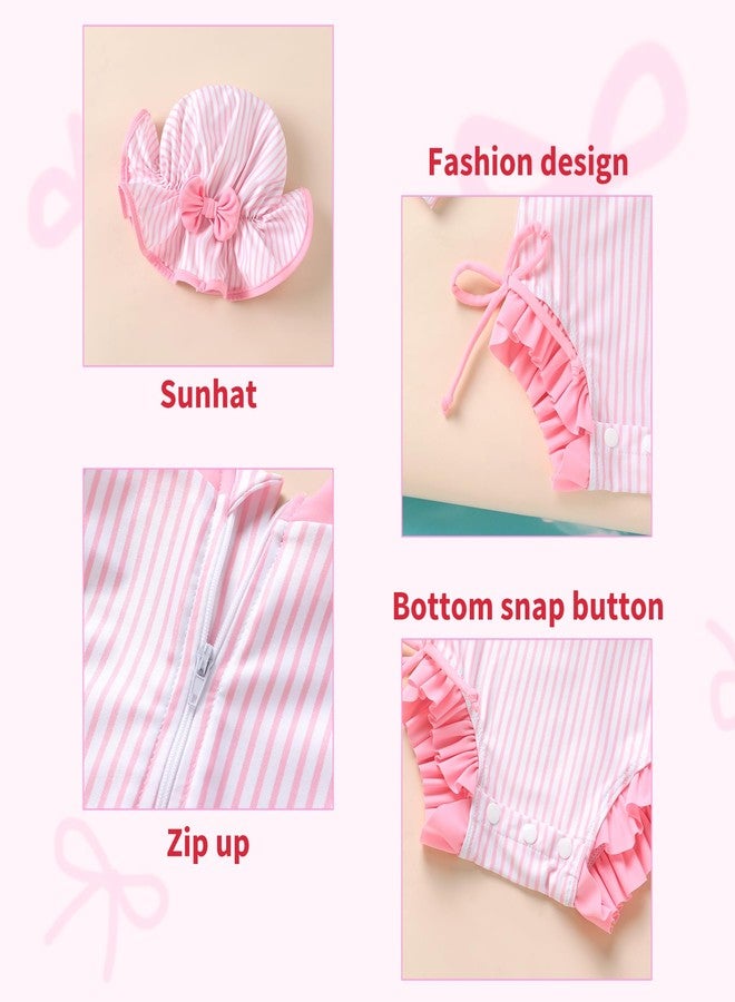 MAMAMI Infant Baby Girl Swimsuit Long Sleeve One-Piece Swimwear Zipper Ruffled Bathing Suit UPF 50+(Pink Stripes，6-12M) - Image 3