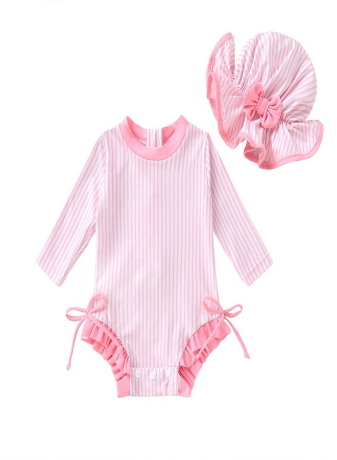MAMAMI Infant Baby Girl Swimsuit Long Sleeve One-Piece Swimwear Zipper Ruffled Bathing Suit UPF 50+(Pink Stripes，6-12M) - Image 1