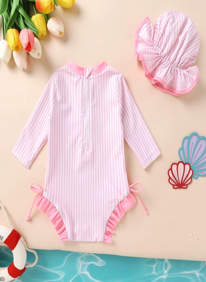 MAMAMI Infant Baby Girl Swimsuit Long Sleeve One-Piece Swimwear Zipper Ruffled Bathing Suit UPF 50+(Pink Stripes，6-12M) - Image 2
