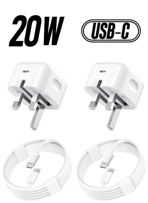 2-Pack USB Type-C Fast Charger for iPhone 15 and Samsung Galaxy – 20W UK Wall PD Adapter with USB-C to C Cable