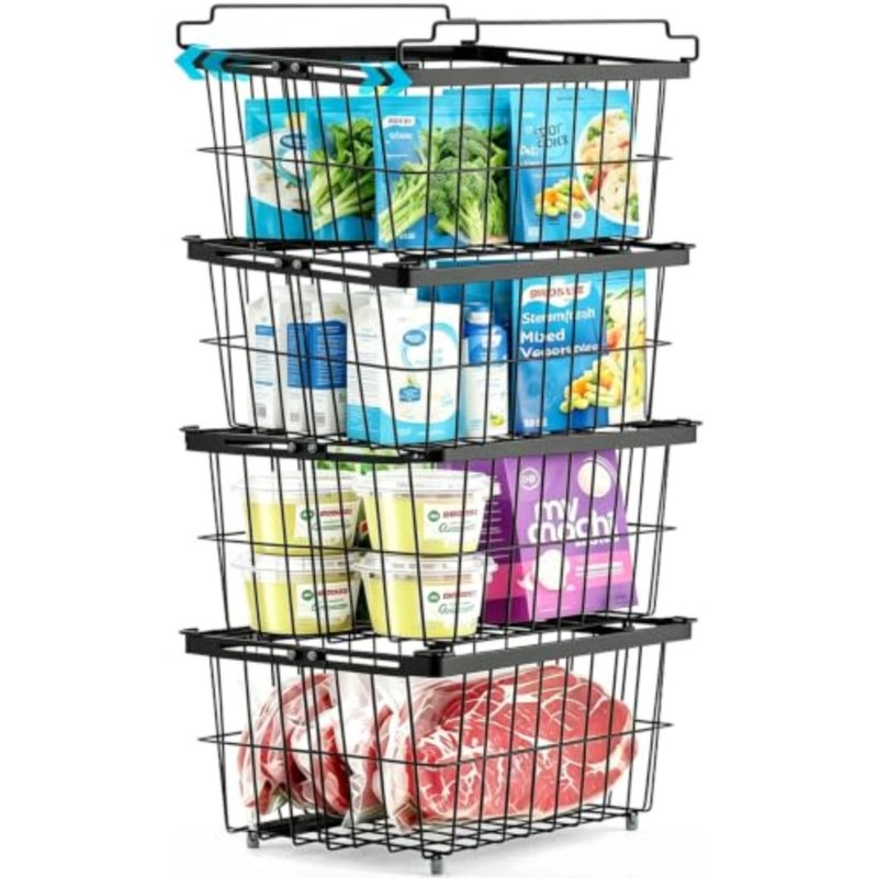 Freezer Organizer Bins 4 Pack Expandable Stackable Chest Freezer Storage with Handle Easy Get Bottom Foods without Digging, Freezer Wire Baskets for Deep Freezer Sort Frozen Meats and Food, Black - Image 1