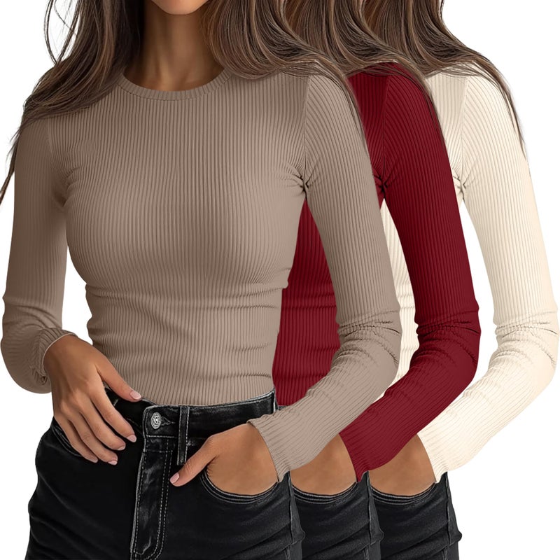 Ficerd 3 Pack Womens Ribbed Long Sleeve Tops Crew Neck Slim Fit Undershirts Knit Basic Casual Stretch Layering Tee ShirtsLight Khaki Dark Red Light BeigeSmall - Image 2