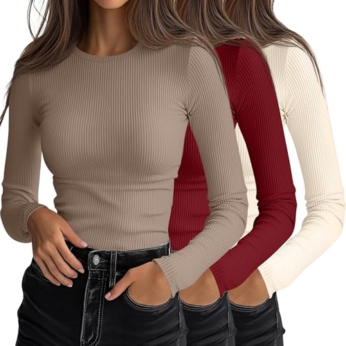 Ficerd 3 Pack Womens Ribbed Long Sleeve Tops Crew Neck Slim Fit Undershirts Knit Basic Casual Stretch Layering Tee ShirtsLight Khaki Dark Red Light BeigeSmall - Image 1
