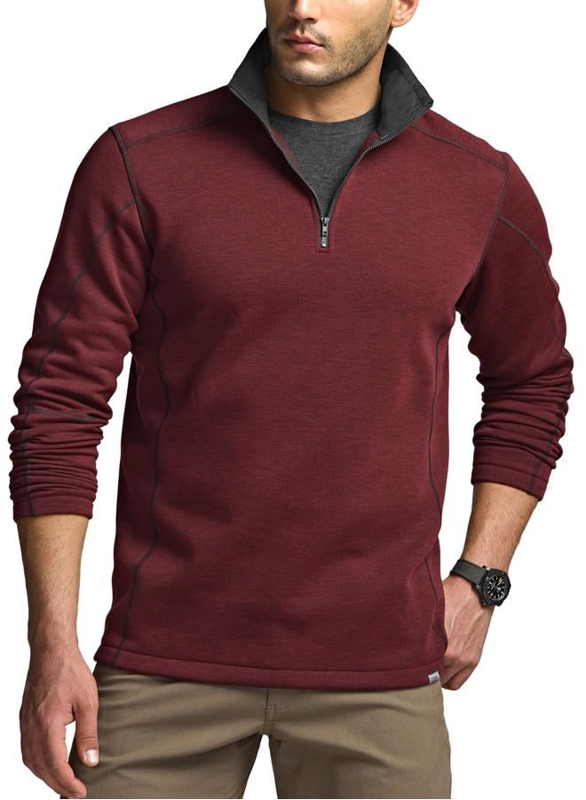 CQR Men's Thermal Fleece Quarter Zip Sweater, Outdoor Lightweight Long Sleeve Pullover, Casual Mock Neck Polo Sweaters, Crest Wine, Large - Image 1