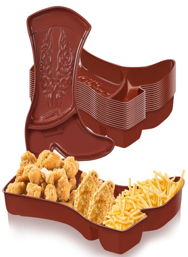 73Hours 24 Pcs Cowboy Boot Party Serving Trays, Disposable Plastic Compartment Plates Boot Shaped Plates Western Theme Party Decorations Tableware for Cowboy Cowgirl Birthday Supplies (Brown) - Image 1