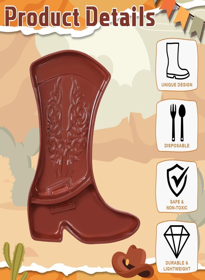 73Hours 24 Pcs Cowboy Boot Party Serving Trays, Disposable Plastic Compartment Plates Boot Shaped Plates Western Theme Party Decorations Tableware for Cowboy Cowgirl Birthday Supplies (Brown) - Image 3