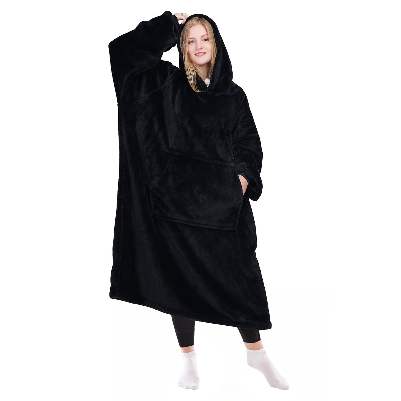 KPBLIS Wearable Blanket Hoodie Gifts for Women and Men Oversized Wearable Hoody Blanket Sweatshirt Warm Cozy Giant Fleece Blanket with Sleeves and Pocket for Adults Black