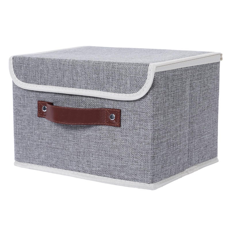 ANMINY Storage Bin with Lid Storage Boxes with PU Leather Handles PP Plastic Board Decorative Foldable Lidded Cotton Linen Fabric Home Cubes Baskets Closet Organizer Container - Gray, Medium - Image 1
