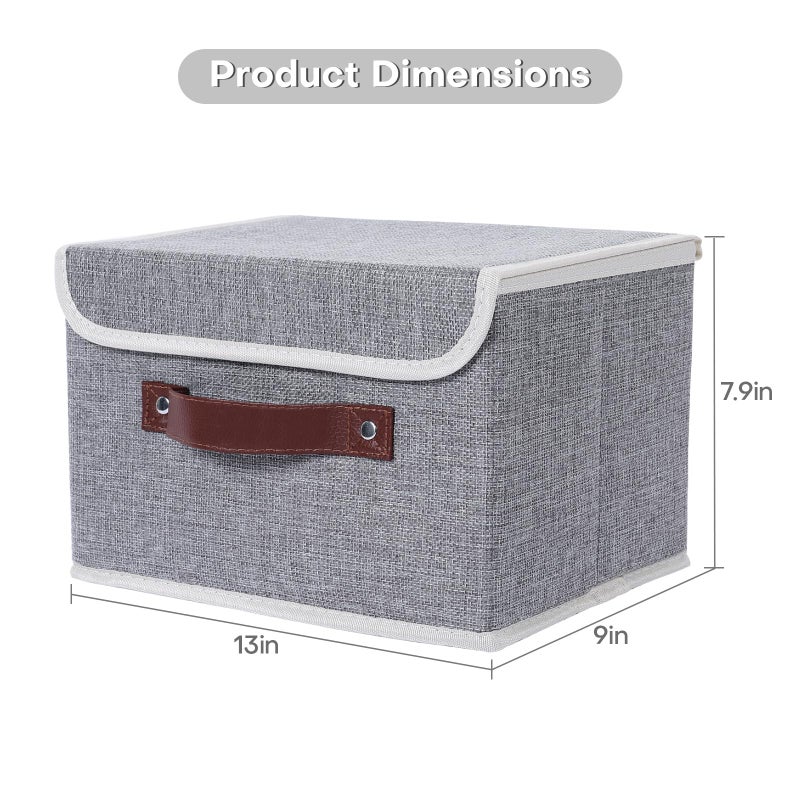 ANMINY Storage Bin with Lid Storage Boxes with PU Leather Handles PP Plastic Board Decorative Foldable Lidded Cotton Linen Fabric Home Cubes Baskets Closet Organizer Container - Gray, Medium - Image 5