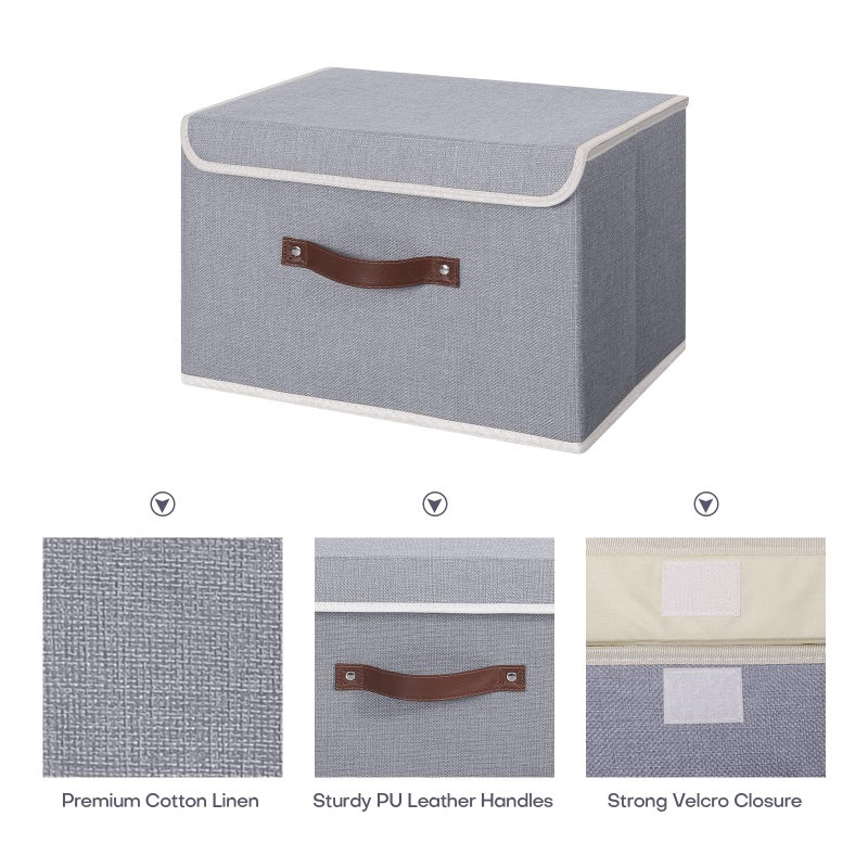 ANMINY Storage Bin with Lid Storage Boxes with PU Leather Handles PP Plastic Board Decorative Foldable Lidded Cotton Linen Fabric Home Cubes Baskets Closet Organizer Container - Gray, Medium - Image 3