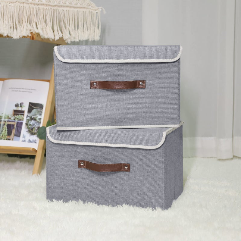 ANMINY Storage Bin with Lid Storage Boxes with PU Leather Handles PP Plastic Board Decorative Foldable Lidded Cotton Linen Fabric Home Cubes Baskets Closet Organizer Container - Gray, Medium - Image 2