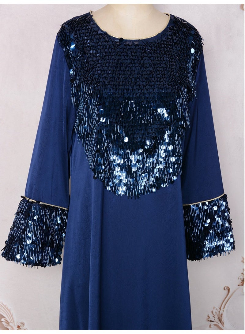 Kaiyuede Dubai Navy Blue Satin Abaya with 3D Tassel Sequin | Round Neck Opaque Lined Modest Evening Dress for Eid & Wedding - Image 2