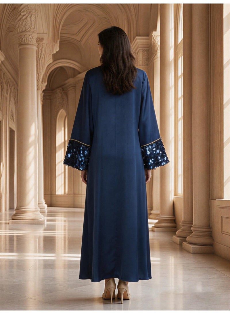 Kaiyuede Dubai Navy Blue Satin Abaya with 3D Tassel Sequin | Round Neck Opaque Lined Modest Evening Dress for Eid & Wedding - Image 3