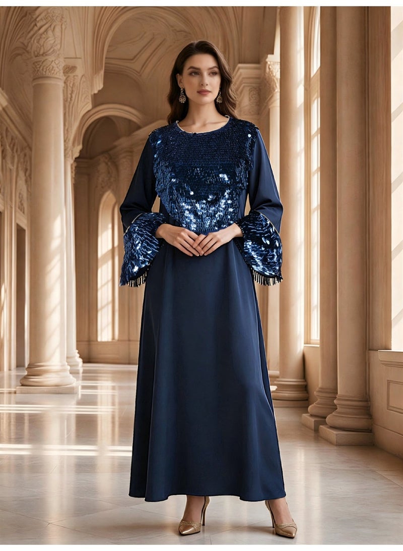 Kaiyuede Dubai Navy Blue Satin Abaya with 3D Tassel Sequin | Round Neck Opaque Lined Modest Evening Dress for Eid & Wedding - Image 1