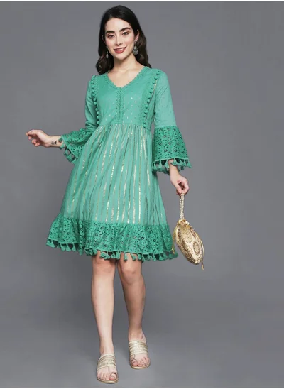 ISHIN Women's Green 100% Cotton Self Design A-Line Dress