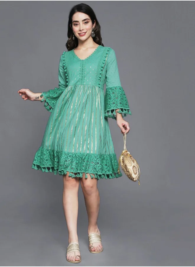 آي شين Aline Fit Self Design Pattern V-Neck Neck Three-Quarter Sleeves Green Colour Woven Cotton Dresses for Women with Semi Elastic Closure - A Statement Piece for Every Look