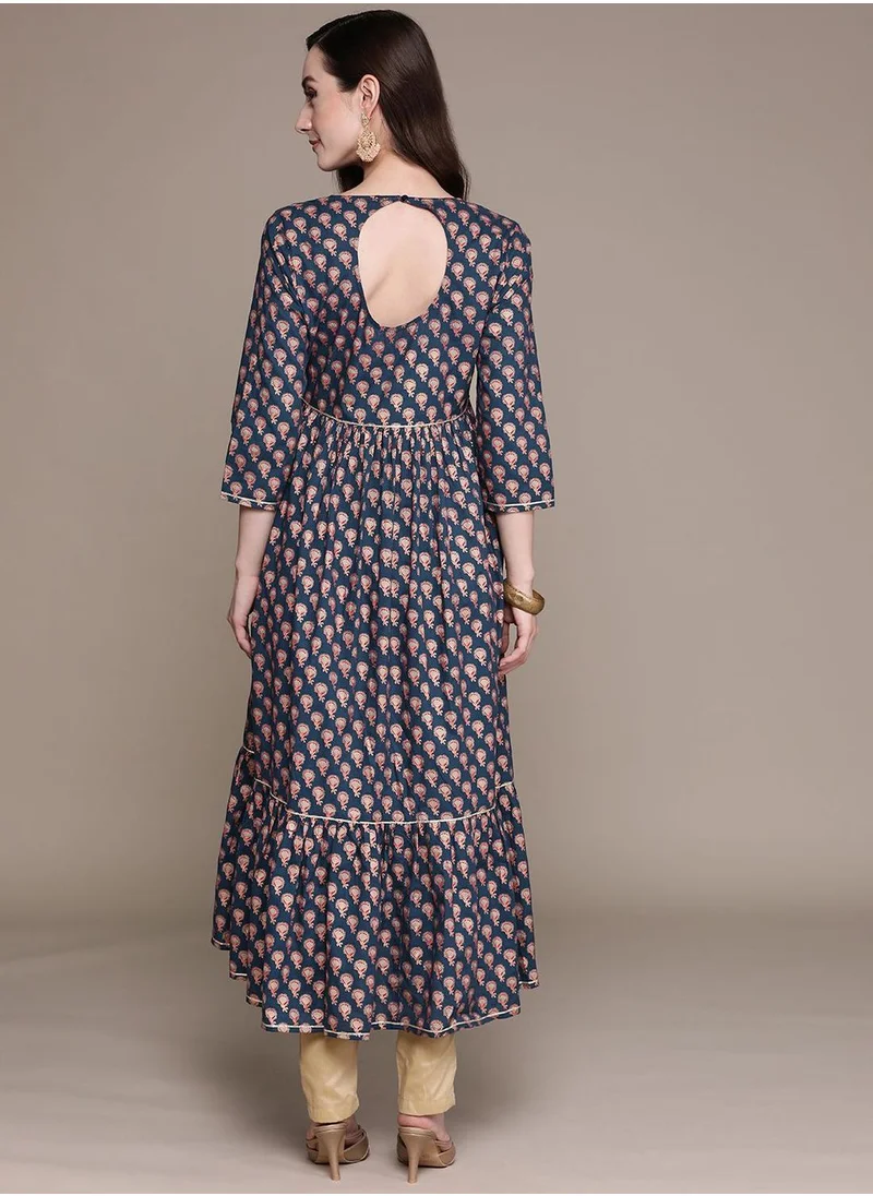 آي شين Regular Fit Printed Pattern Round Neck Neck Three-Quarter Sleeve Navy Blue Colour Knitted Cotton Kurtas for Women - Crafted for Elegance and Ease