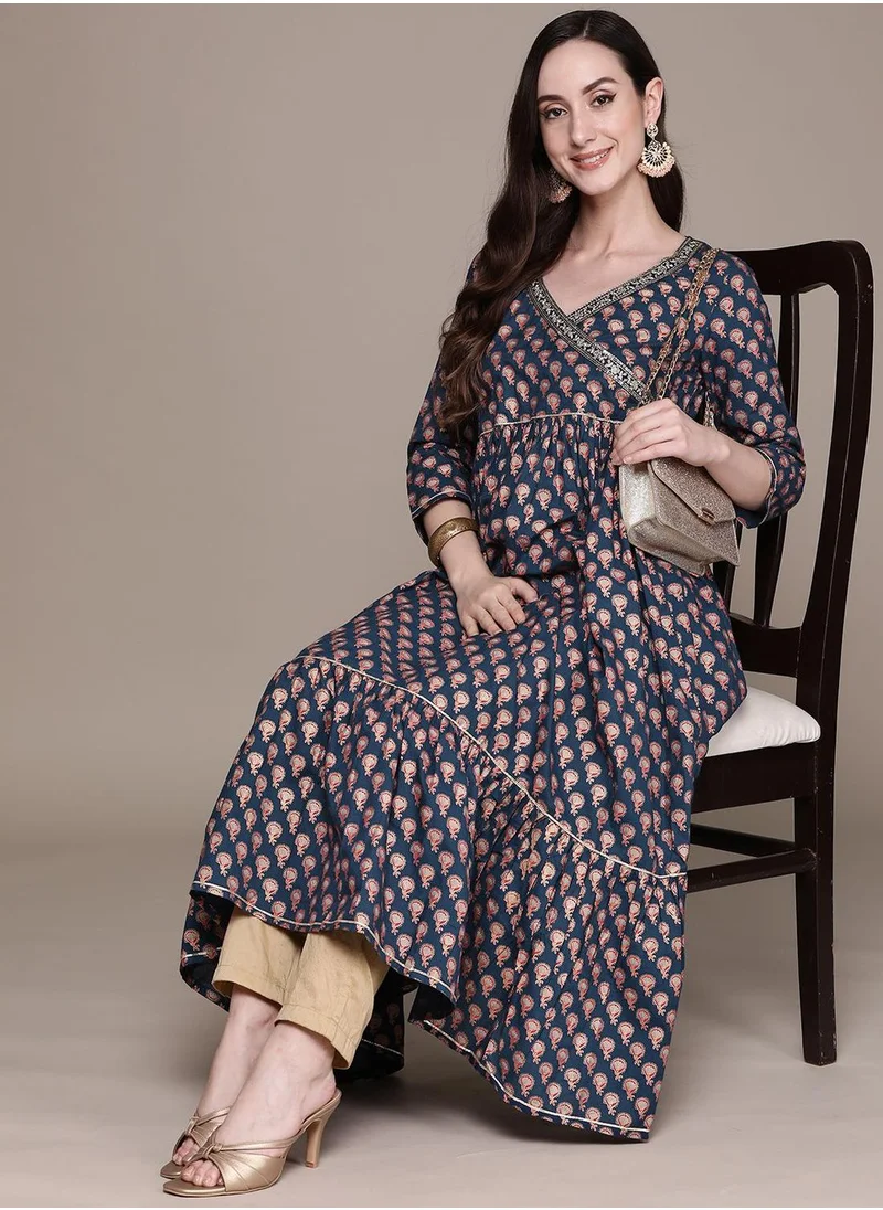 آي شين Regular Fit Printed Pattern Round Neck Neck Three-Quarter Sleeve Navy Blue Colour Knitted Cotton Kurtas for Women - Crafted for Elegance and Ease
