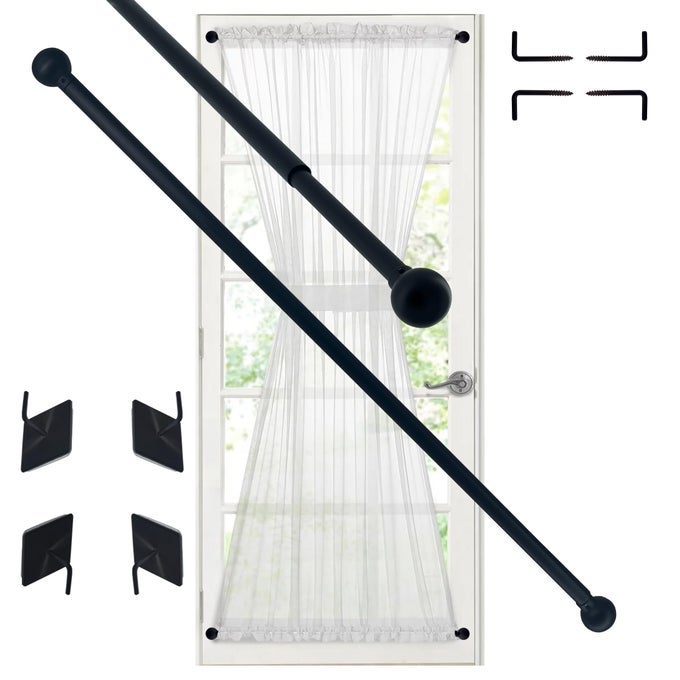 PREMIUM ADJUSTABLE CURTAIN ROD FOR FRENCH DOORS KITCHEN CURTAIN SMALL WINDOW 38 INCH DIAMETER 2 PACK BLACK