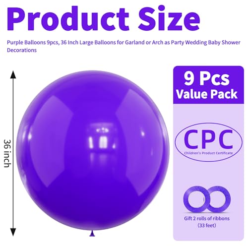 LEEZZIZZ Purple Giant Balloons 36 Inch Large Latex Balloons 9 Pcs Jumbo Latex Balloons Bluk for Kids Party Wedding Birthday Supply Decorations - Image 5