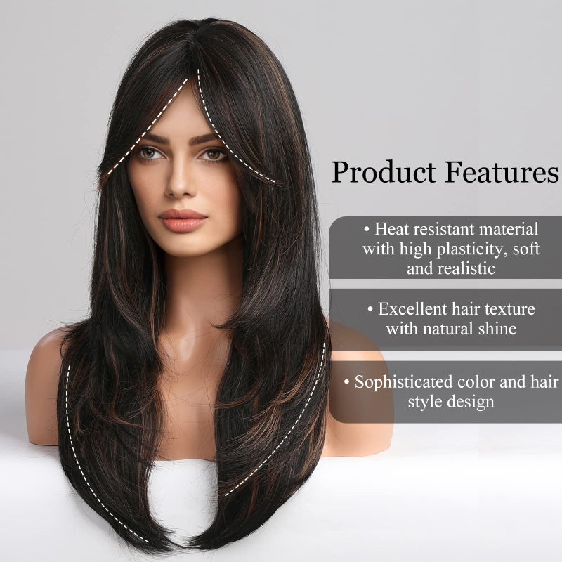 Haircube هايركيوب - باروكات سوداء للنساء، طويلة بطبقات سوداء مع خصلات بلوند مميزة مع غرة، باروكات من ألياف صناعية مقاومة للحرارة (pelucas de cabello natural) - Image 2