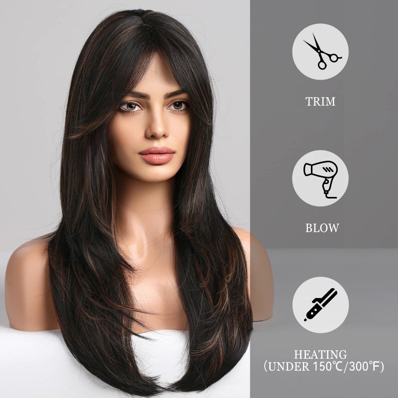 Haircube هايركيوب - باروكات سوداء للنساء، طويلة بطبقات سوداء مع خصلات بلوند مميزة مع غرة، باروكات من ألياف صناعية مقاومة للحرارة (pelucas de cabello natural) - Image 4